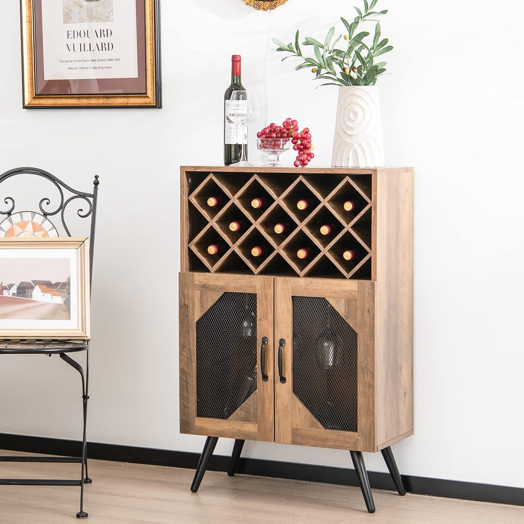 Giantex Farmhouse Wine Bar Cabinet, 11 Bottles Rack, Buffet Cabinet with Storage, Industrial Kitchen Sideboard, Anti-Tipping Design, 2 Doors, Glass Holder, for Living Room (Brown & Black)