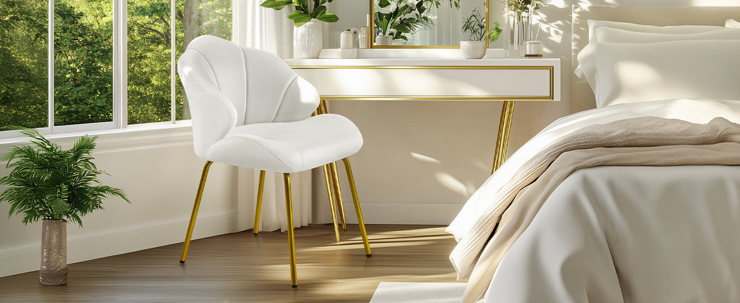 Vanity Chair, Velvet Accent Chair with Shell-Shaped Backrest, Modern Armchair with Gold Metal Legs for Dressing Room/Bedroom/Living Room, White