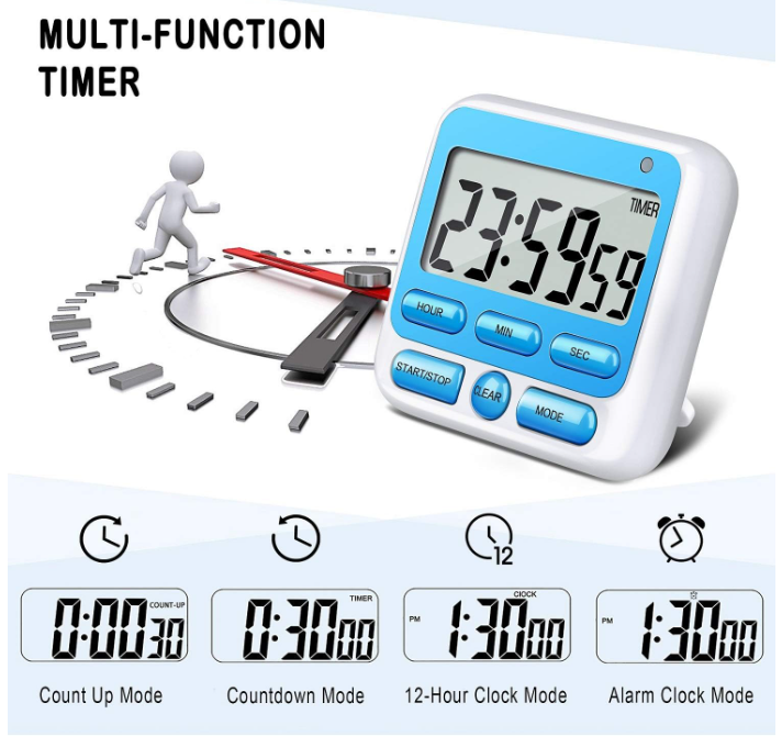 Digital Kitchen Timer with Silent Mode & Loud Alarm, Magnetic Countdown Timer with Clock & Alarm, Memory Function, Retractable Stand & Hook for Cooking, Study, Meeting