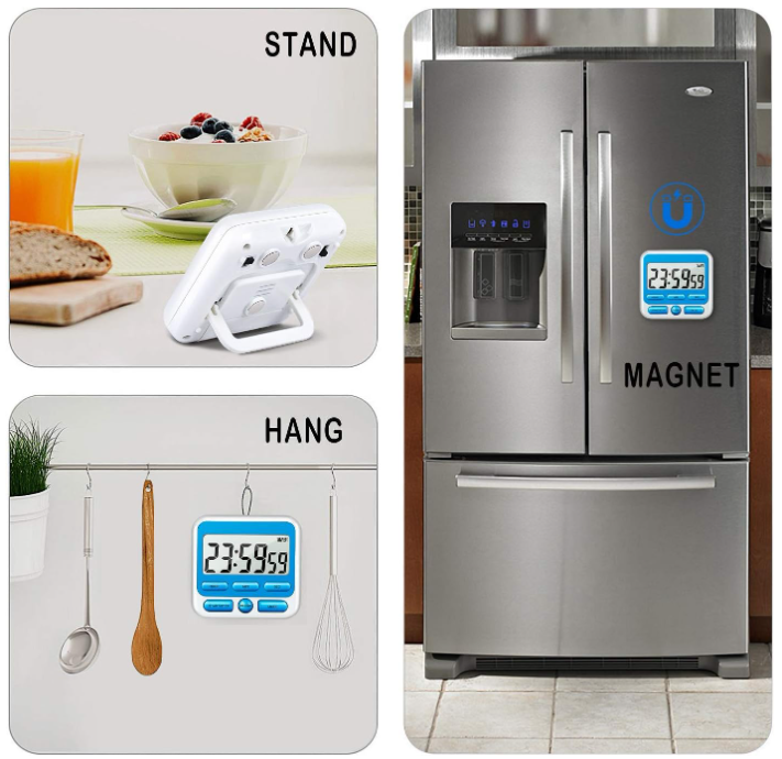 Digital Kitchen Timer with Silent Mode & Loud Alarm, Magnetic Countdown Timer with Clock & Alarm, Memory Function, Retractable Stand & Hook for Cooking, Study, Meeting