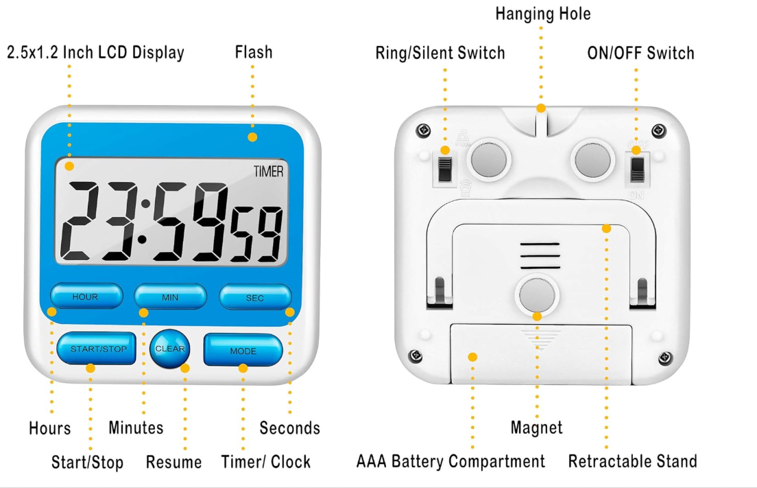 Digital Kitchen Timer with Silent Mode & Loud Alarm, Magnetic Countdown Timer with Clock & Alarm, Memory Function, Retractable Stand & Hook for Cooking, Study, Meeting
