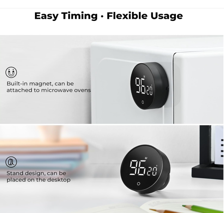 Digital Kitchen Timer with Countdown & Count-Up, Large Display, Magnetic Back, Adjustable Alarm, Sleek Modern Design for Cooking, Study, Office