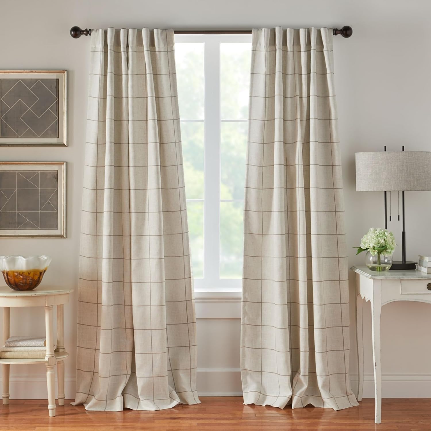 Fashions Brighton Windowpane Plaid Blackout Window Curtain, Living Room and Bedroom Drape with Rod Pocket Tabs, 52" x 84", Linen, 1 Panel