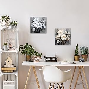 Bathroom Canvas Wall Art, Bathroom Wall Decor,Living Room, Bedroom,Office,Small Gray and White Blue Flower Wall Decoration, 12x12 inches