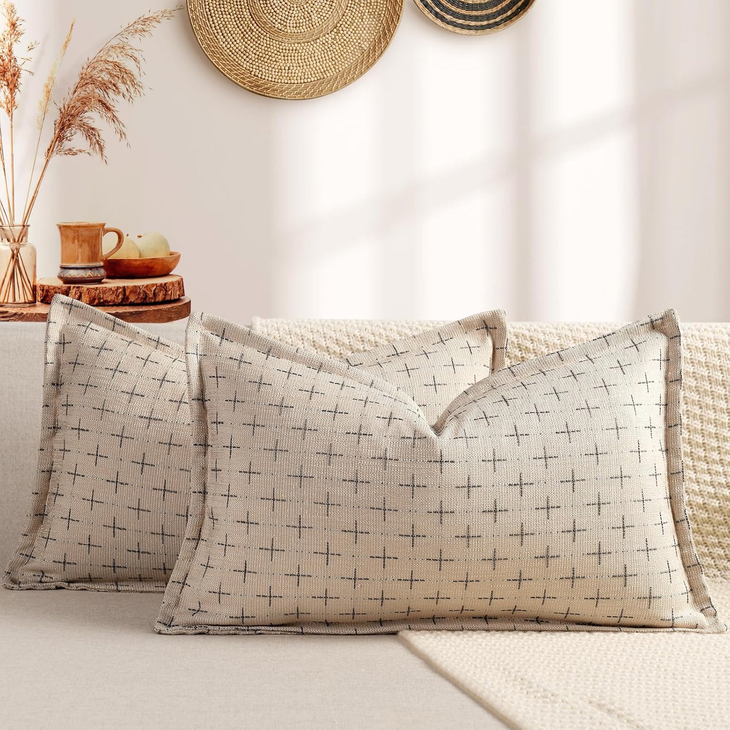 ZWJD Pillow Covers 18x18 Set of 2 Soft Polyester Textured Pillow Covers with Stylish Flange Edge Cozy Farmhouse Throw Pillows for Couch Bed Sofa Living Room