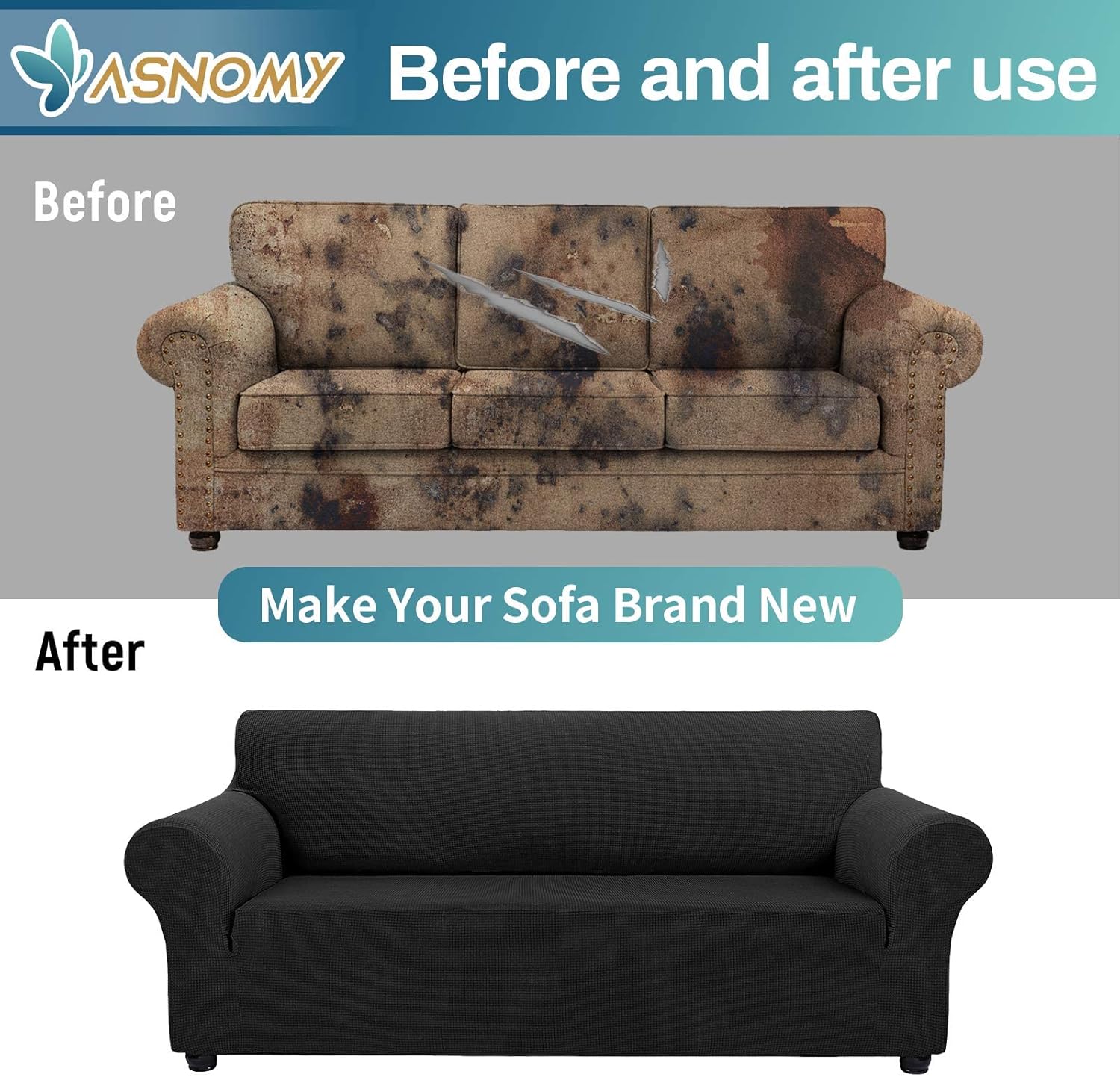 Couch Covers for 3 Cushion Couch Sofa Pet Friendly, 3 Seater Sofa Cover Washable Slipcovers Protector Furniture Covers for Dogs Spandex Jacquard Fabric Small Checks（Large，Black）