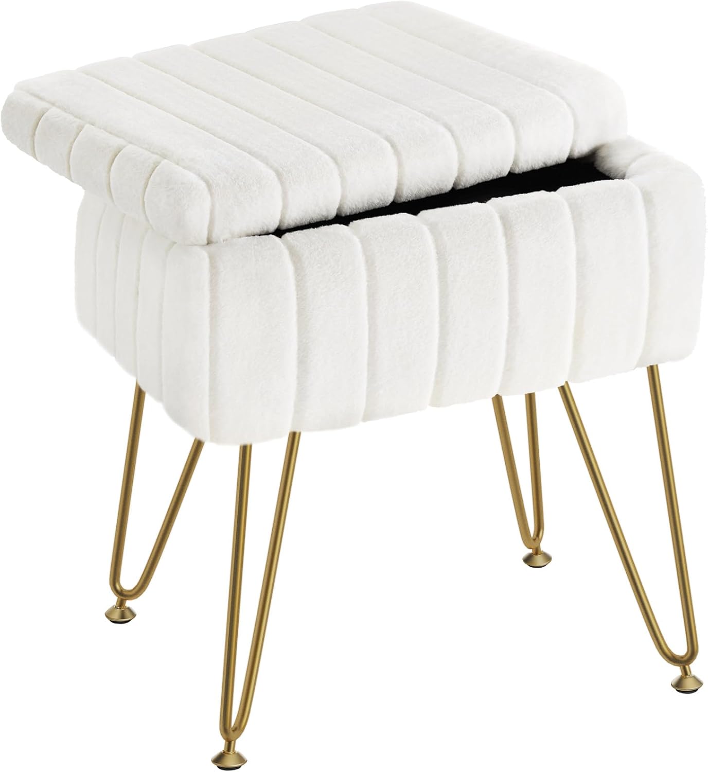 Vanity Stool Chair Faux Fur with Storage, 15.7"L x 11.8"W x 19.4"H Soft Ottoman 4 Metal Legs with Anti-Slip Feet, Furry Padded Seat, Modern Multifunctional Chairs for Makeup, Bedroom White
