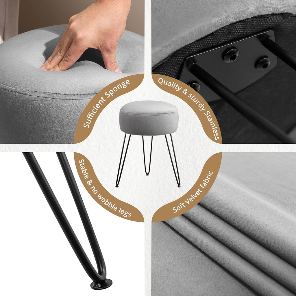 Vanity Stool, Gray Vanity Stools for Makeup Room, Round Ottoman Foot Stool, Velvet Footrest Vanity Chair for Bathroom Vanity, Bedroom, Living Room, Entryway, Offices, 300lbs