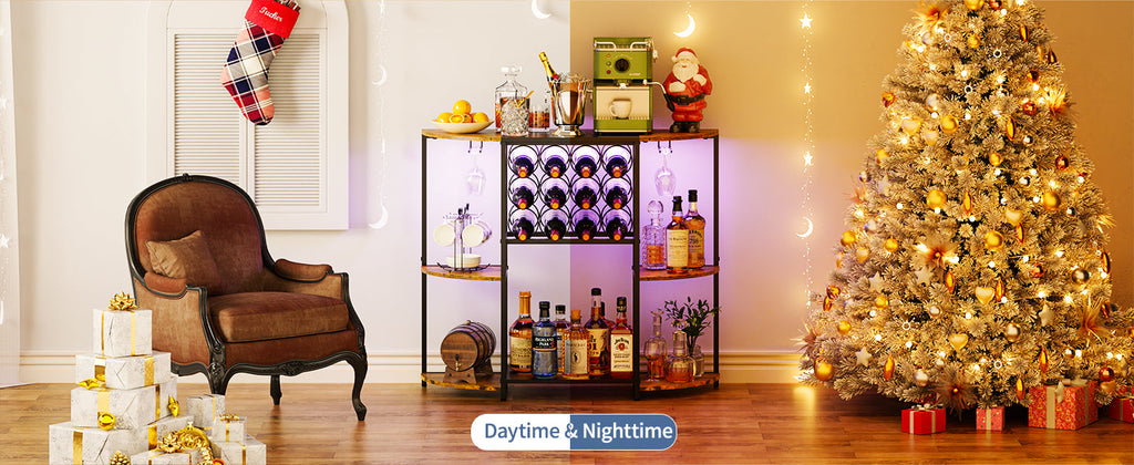 JKsmart Wine Bar Cabinet with LED Lights, Mini Wine Rack with Storage and Glass Holder, Home Bar Cart for Liquor, 3-Tier Bar Table for Kitchen, Dining Room, Living Room, Rustic Brown