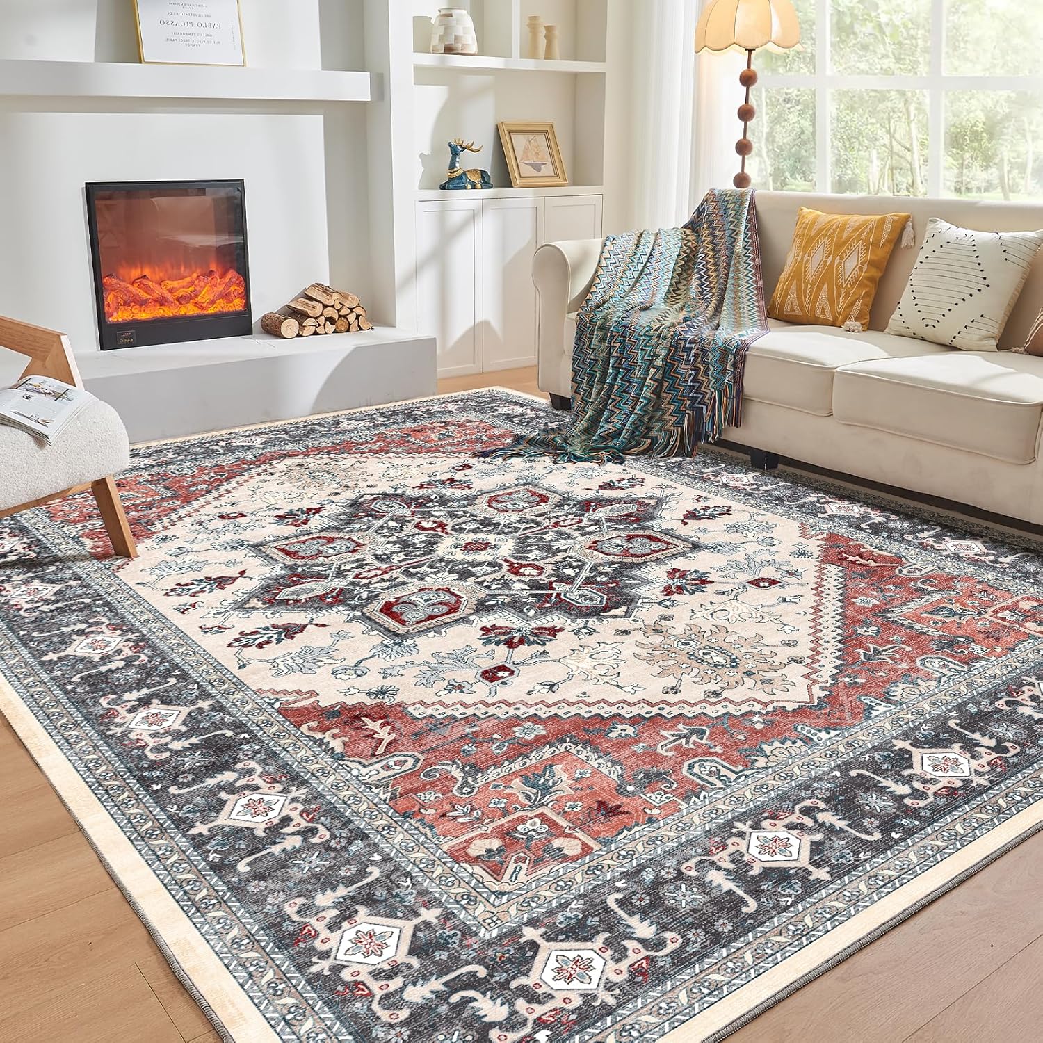 Soft Area Rugs 5x7, 5x7 Washable Rug with Non Slip Backing, 5 x 7 Faux Cashmere Low-Pile Carpet, Navy Blue & Gold
