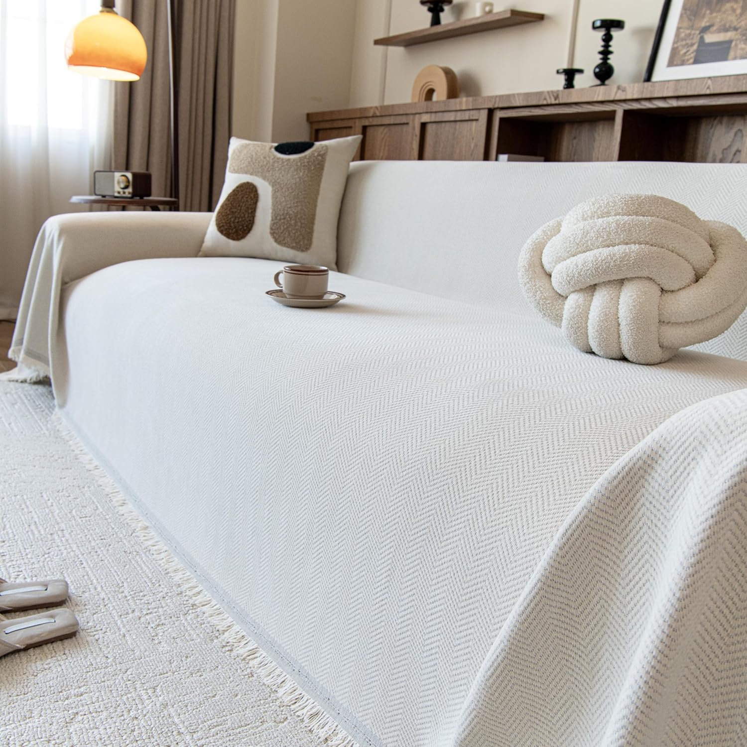 Couch Covers for Dogs 3 Cushion, Loveseat Slipcovers Washable, Pet L Shape Sectional Protector, Boho Sofa Blanket Cover, Herringbone Chenille, Cream, 71"x118"