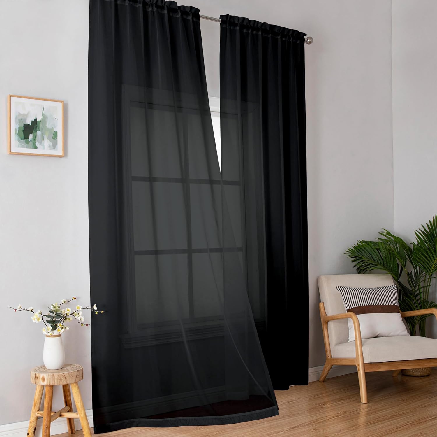 Black Sheer Curtains 84 Inches Long, Light Filtering Rod Pocket Solid Color Window Sheer Curtain Panels, Elegant Curtains & Drapes for Living Room, Bedroom 2 Panels (Black, 42" W x 84" L)