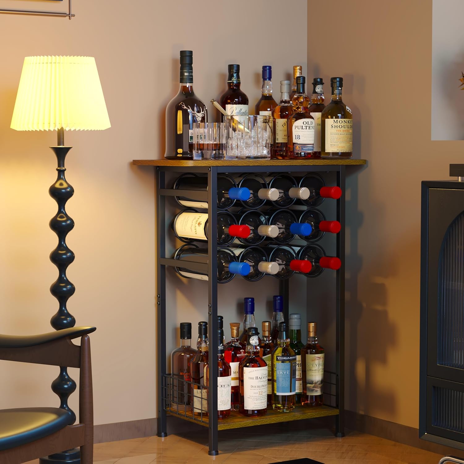 3-Tier Wine Rack Freestanding Floor Cabinet Corner Bar Cabinet Bar Cart,12 Individual Wine Storage Bottle Compartments Corner Bar Cabinet Holder (3-Tier Wine Rack 07)