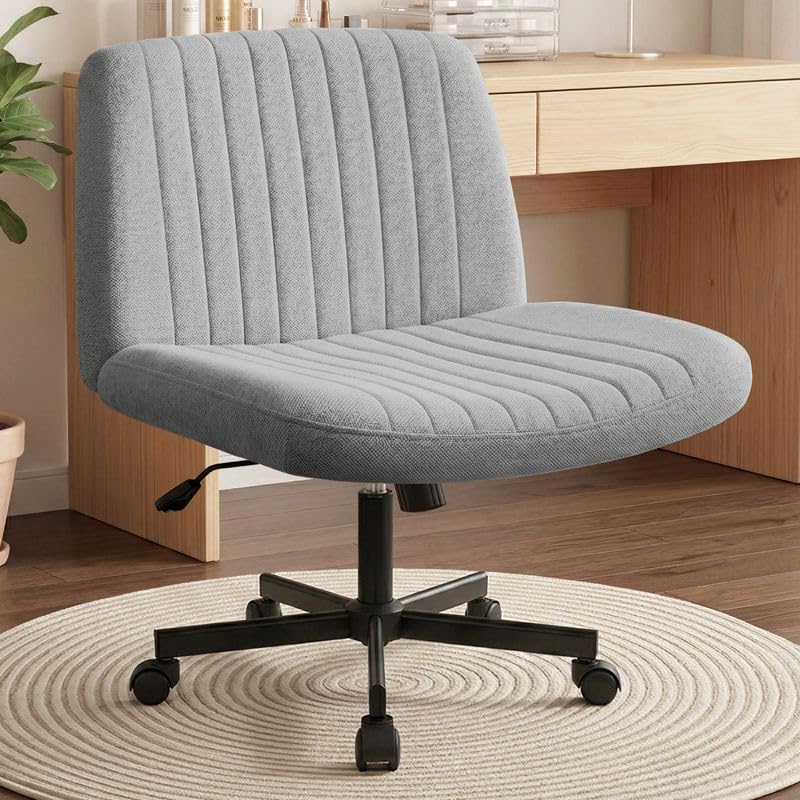 Chair Wheels Wide Cross Legged Office Desk Vanity Chair Comfy Fabric Armless Adjustable Swivel for Home Computer Task (Beige Wheel, Fabric)